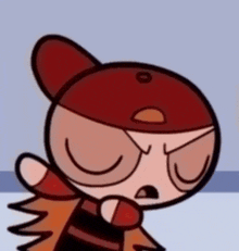 a close up of a cartoon character wearing a red hat and a scarf .
