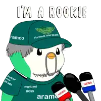a cartoon of a bird wearing a ramco formula one team hat