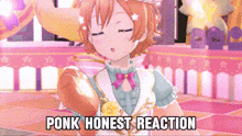 a cartoon of a girl holding a heart with the words ponk honest reaction below her