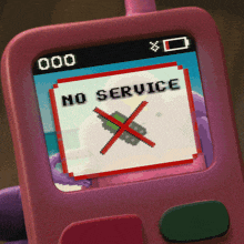 a pink cell phone displays a no service message