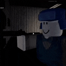 a roblox character wearing a blue hat and bow tie is smiling and playing a video .