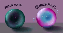 a green pearl and a pink pearl are sitting next to each other on a purple background .