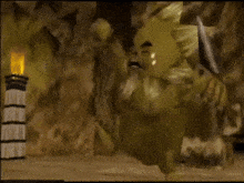 a video game scene with a monster and a torch