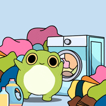 a frog is standing in front of a washing machine
