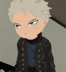 a cartoon character is wearing a black jacket and a blue sweater .