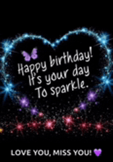 a happy birthday greeting card with a heart shaped fireworks display .