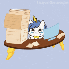 a cartoon of a unicorn sitting at a desk with a stack of papers behind her and the words braveunicorn below her