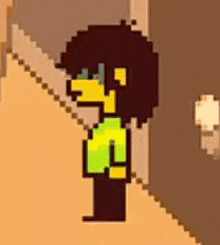 a pixel art of a person standing next to a fence .