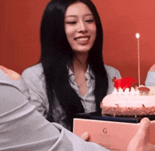 a woman is sitting in front of a birthday cake with a candle on it