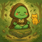 a cartoon drawing of a green frog wearing a brown robe sitting on a rock next to a cat