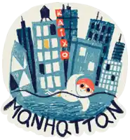 a drawing of a person swimming in the water with the words manhattan below it