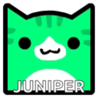 a green cat with a mustache and the word juniper on it