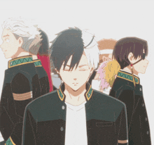 a group of anime characters are standing next to each other and one of them has a ponytail on his head