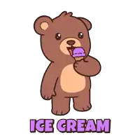 a teddy bear is eating ice cream with the word ice cream below it