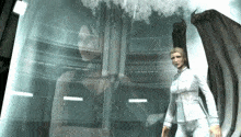 a woman in a white suit is standing in front of a large glass wall