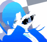 a person with blue hair is making a funny face