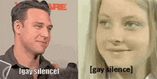 a man and a girl are talking to each other and the man says gay silence