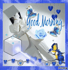 a greeting card that says " good morning " with butterflies and hearts