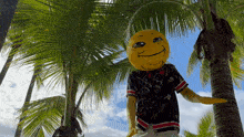 a person with a yellow smiley face on their head