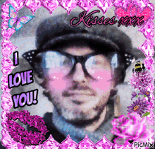 a man wearing glasses and a hat is surrounded by pink flowers and hearts and says i love you
