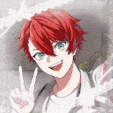 a boy with red hair and blue eyes is giving the peace sign