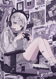 a girl in a cat ear headset sits in a chair playing a video game