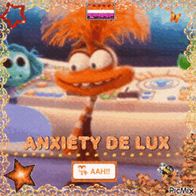 a picture of a cartoon character with the words anxiety de lux written on it