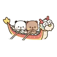 three panda bears are rowing a dragon boat with chopsticks .