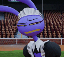 a purple cartoon character wearing a maid costume is standing in front of a stadium full of mannequins