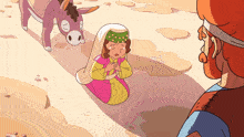 a cartoon drawing of a woman kneeling down with a donkey behind her