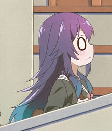a purple haired anime girl with a big o on her forehead