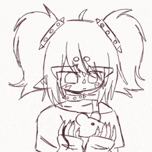 a black and white drawing of a girl with pigtails and spikes in her hair