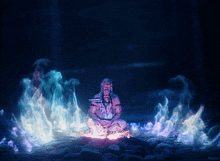 a man sits in a lotus position in front of a fire with the word kepler visible in the corner