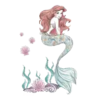 a drawing of a mermaid surrounded by seashells and seaweed