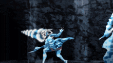 a woman in a blue outfit is holding a large sword