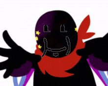 a black and purple cartoon character with a red scarf around his neck and a smiley face on his face .