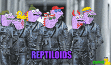 a group of astronauts with purple reptiles on their faces