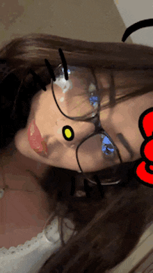 a close up of a woman wearing glasses with a red flower on her face