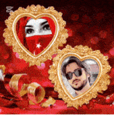 a picture of a woman and a picture of a man in heart shaped frames