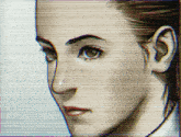 a close up of a woman 's face with a purple border