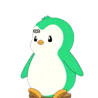 a green and white penguin with the number 69 on it 's head