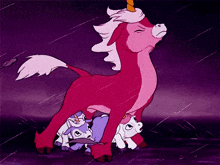 a cartoon of a pink unicorn standing next to two smaller unicorns in the rain