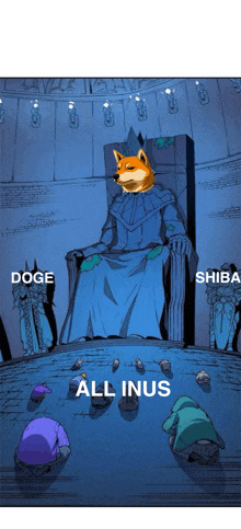a cartoon of a doge sitting on a throne with people kneeling in front of it .