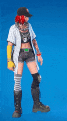 a woman with red hair is wearing a baseball cap and striped socks .