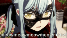 a picture of a girl wearing a mask with the words meowmeowmeowmeow meow