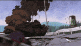 a cartoon scene with a phone booth and a military vehicle exploding in the background