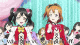 two anime girls are standing next to each other in front of a group of people .