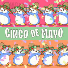 five penguins wearing sombrero hats are lined up in a row