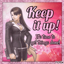 a picture of a woman holding a book that says " keep it up "