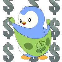 a blue and white penguin holding a dollar bill in front of dollar signs